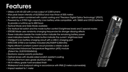 NITECORE MH12 Pro USB-C Rechargeable Compact UHi 40 LED Flashlight 3300 Lumens Lantern Emergency Tactical Torch with NL2153HP