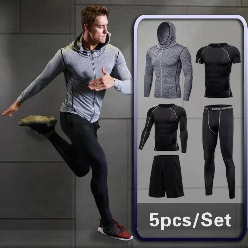 Conjunto de ropa deportiva de compresión Rashguard para hombre, mallas para correr, gimnasio, entrenamiento, camiseta, cortavientos y leggings 