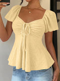2026 Women Y2k Summer Tops V-Neck Drawstring Sexy Lace Up Short Sleeve Solid Color Shirts Female Elegant Casual Fashion Blouses