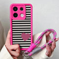 Phone Case For Xiaomi 14T 13T 15 Pro Poco X7 f6 m6 Redmi 14C Note 14 Pro Plus Stripe Love Heart Wrist Chain Strap Lanyard Cover