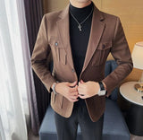 Chaqueta de traje de tweed para hombre, blazer de un solo pecho, gris, moda 2024, abrigo de diseñador de lujo para hombre, ropa de estilo coreano informal