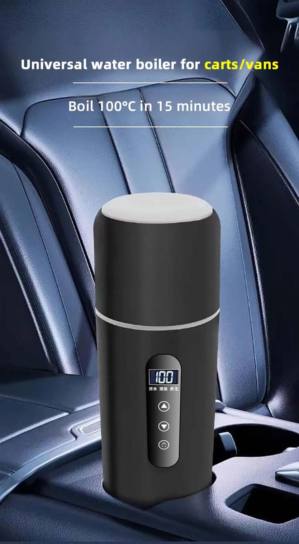 Hervidor eléctrico portátil para coche, 12 V, 24 V, 500 ml, para viaje, con aislamiento inteligente de acero inoxidable y pantalla OLED