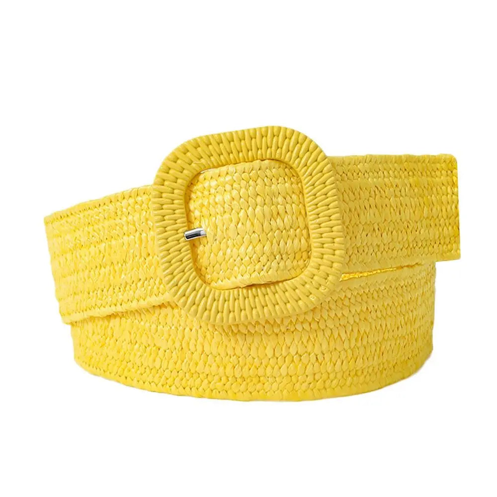 Bohemian Braided Belts for Women Summer Patchwork Straw Woven Belt Wide Waistband Fashion Female Square Buckle Waist Belt