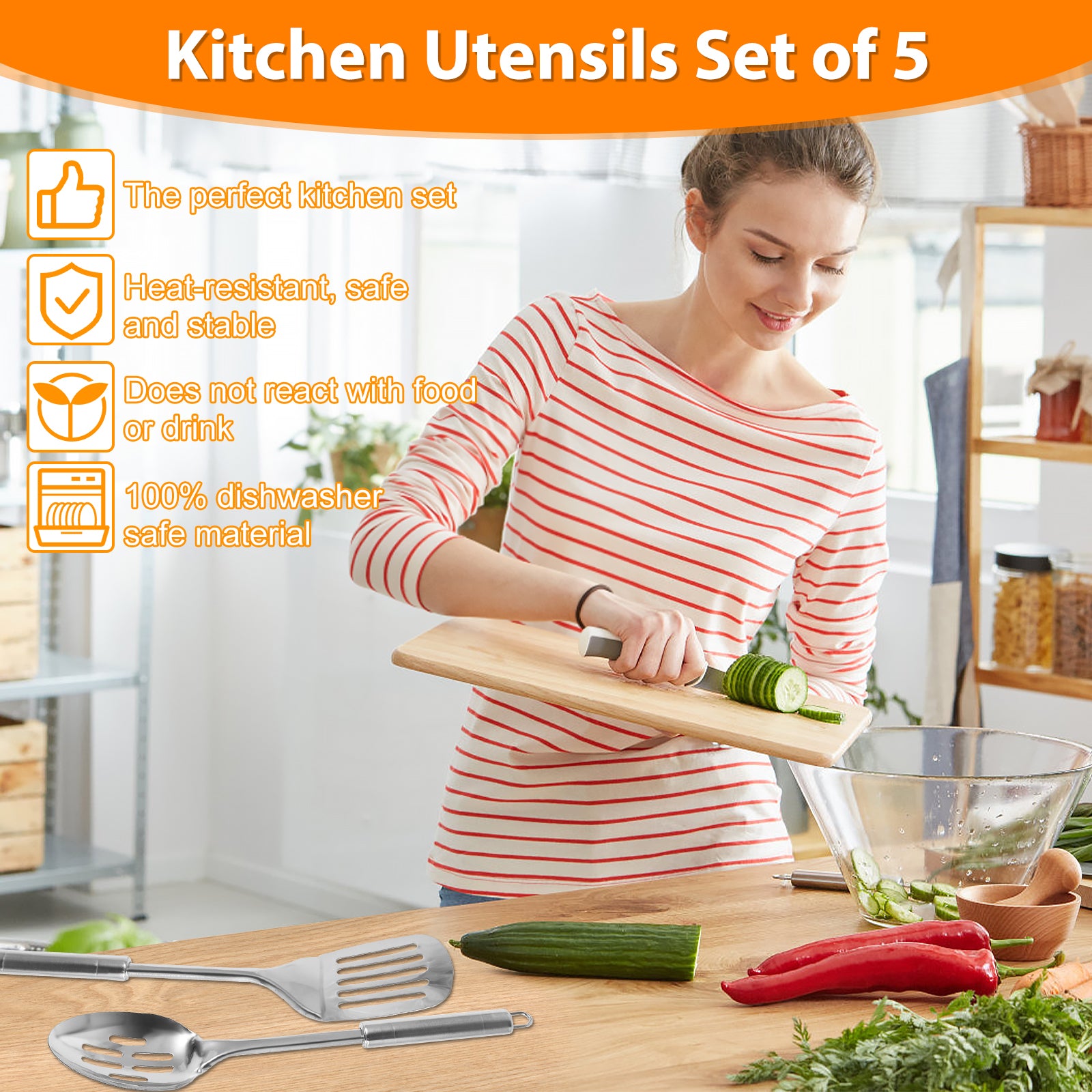 Juego de utensilios de cocina de 5 uds, cucharas de acero inoxidable, espátula con mango ergonómico, utensilios de cucharas lavables resistentes