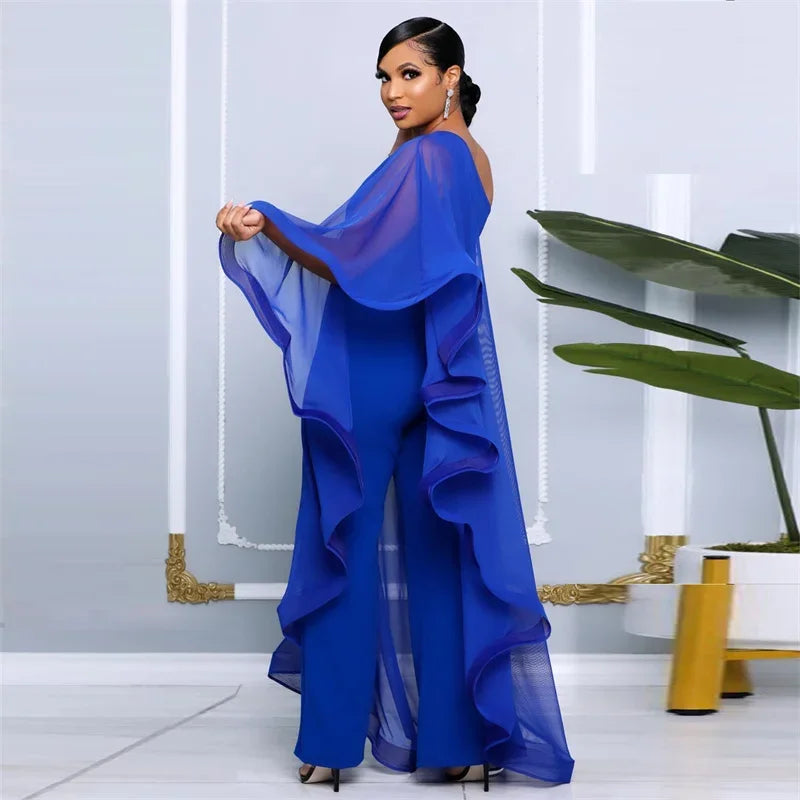 Elegant Chiffon One Shoulder Wide Leg Jumpsuit Women Club Party Birthday Outfits One Pieces Rompers Overalls Combinaison Femme
