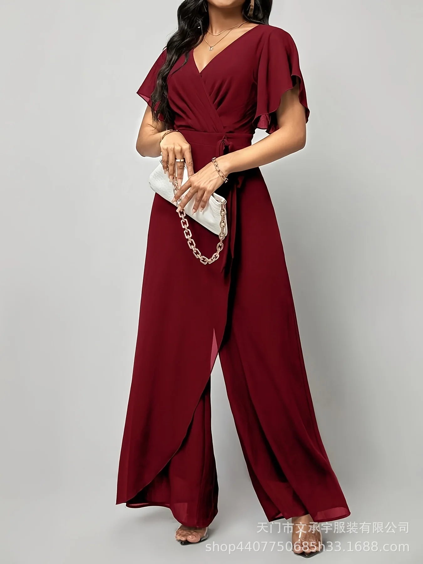 Women's New Solid V Neck Flutter Sleeve Tie Waist Split Wide Leg Jumpsuit Elegant Slimming Versatile Party Daily Casual Jumpsuit