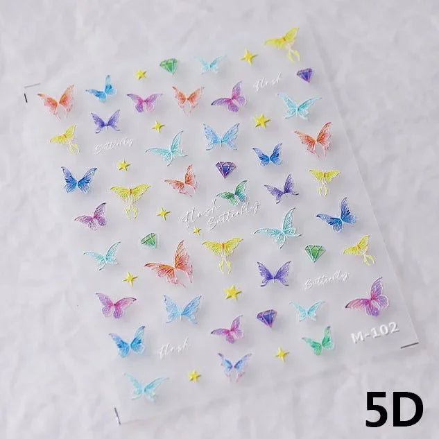 Colorful Pink Gradual Moon Star Cloud Butterfly Rhinestone 5D Soft Embossed Relief Nail Art Sticker 3D Decal Decoration Manicure