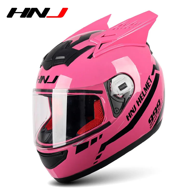 HNJ Men Motorcycle Helmet Women Full Face Helmet Riding Personality Horn Pink Helmet DOT Certification Motorcycle Helmet