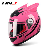 HNJ Men Motorcycle Helmet Women Full Face Helmet Riding Personality Horn Pink Helmet DOT Certification Motorcycle Helmet