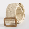 Ladies Round Dark Wooden Buckle Pp Straw Woven Elastic Belt Versatile Summer Fashion Bohemian Style Geometric Pattern