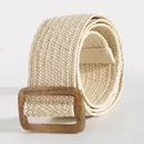 Ladies Round Dark Wooden Buckle Pp Straw Woven Elastic Belt Versatile Summer Fashion Bohemian Style Geometric Pattern