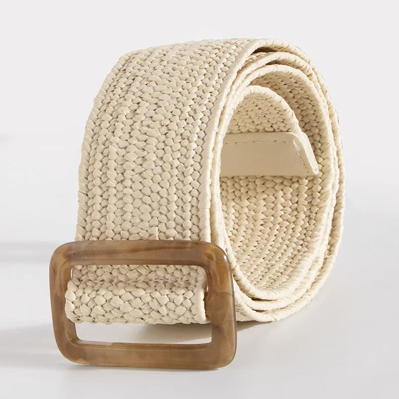 Ladies Round Dark Wooden Buckle Pp Straw Woven Elastic Belt Versatile Summer Fashion Bohemian Style Geometric Pattern