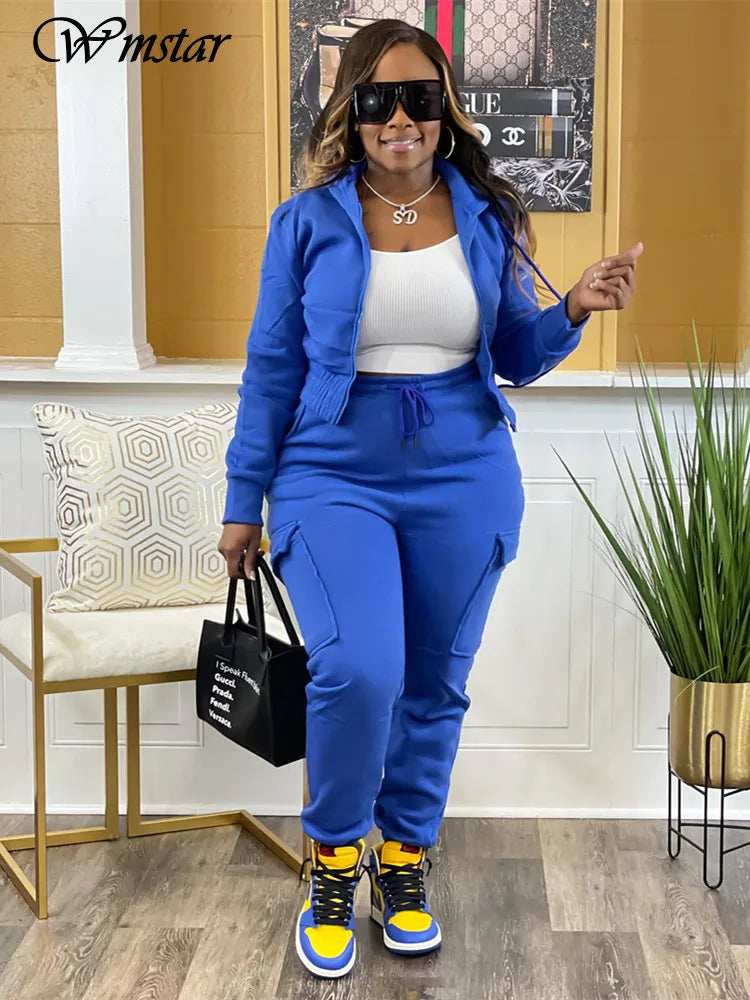 Wmstar roupas de duas peças para mulheres esporte terno combinando agasalho casual topo e calças define roupas outono atacado dropshipping