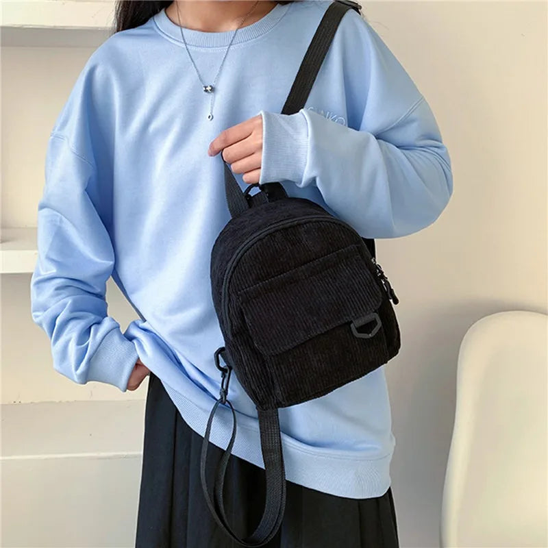 Women's Mini Backpack Fashion Solid Color Corduroy Small Simple Casual Traveling Large Capacity Durable Female's Schoolbag