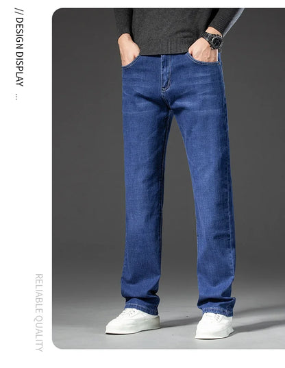 2025 Spring Autumn Men's Straight Jeans Denim Pants Classic Style Business Stretch Casual Trousers Large Size 40 42 44 46