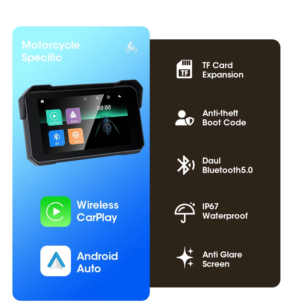 5" Portable Motorcycle Navigation GPS Wireless Carplay&Android Auto Moto Monitor IPX7 Waterproof Display Dual Bluetooth 5.0
