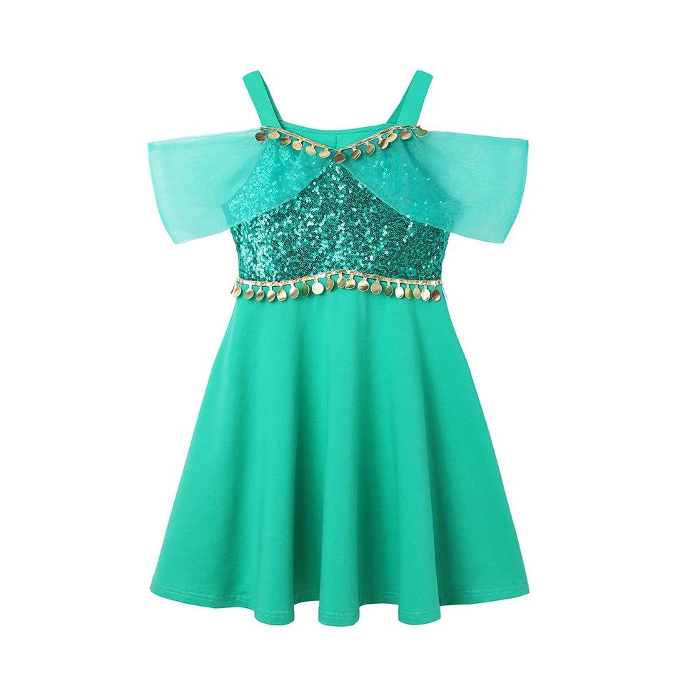 Vestido Casual Infantil para Meninas – Estilo Sereia/Rapunzel, Manga Curta, Alça em um Ombro Só, Fantasia de Princesa, Vestido Casual de Verão