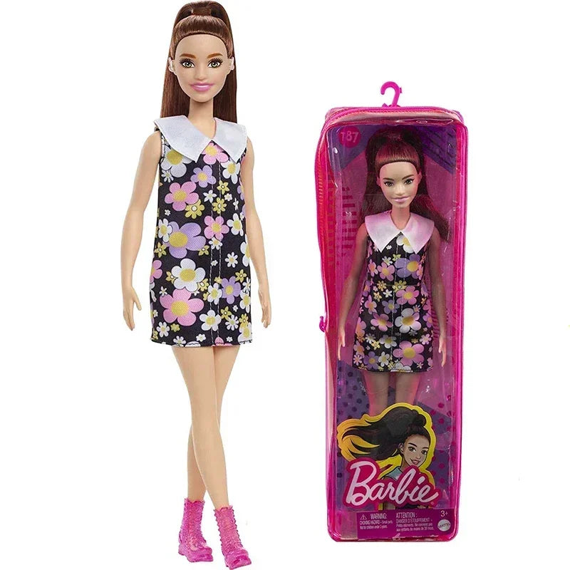 Original Mattel Barbie Fashionistas Doll Floral Dress with Sweet Casual Clothes and Accessories Toys for Girls Collection Gift