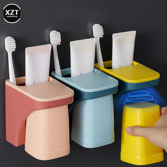 Soporte magnético para pared para baño, soporte para taza de cepillo de dientes, taza escurridora antipolvo, juego familiar para amantes de la taza de cepillo de dientes