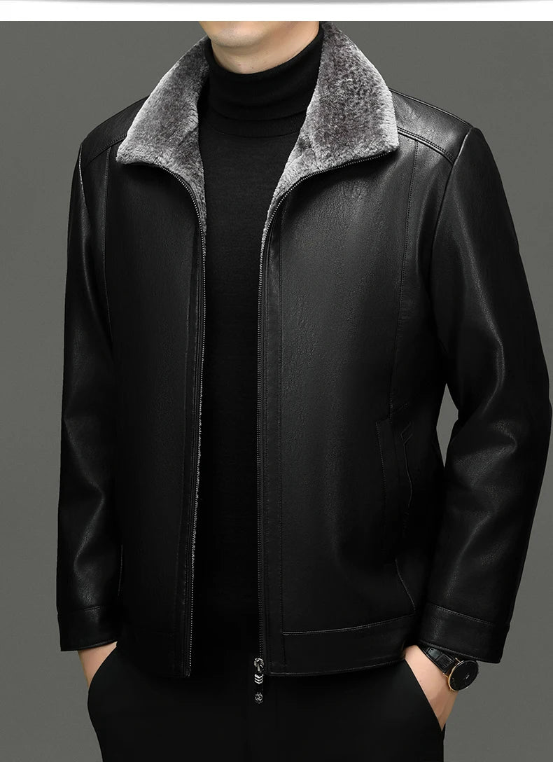 YN-2365 Autumn/Winter Men's Natural Leather Jacket Thickened Fur Integrated Business Casual Top Black Coffee Middle Aged Youth