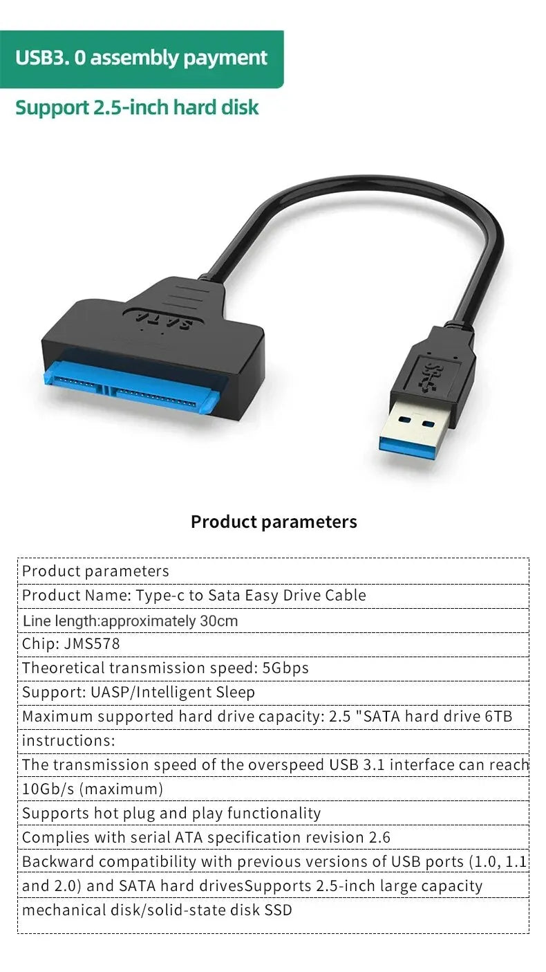 2.5 Inch Hard Disk Adapter Cable USB Easy Drive Cable Hard Drive Easy Drive Line SATA 22 Pin String Oral Line