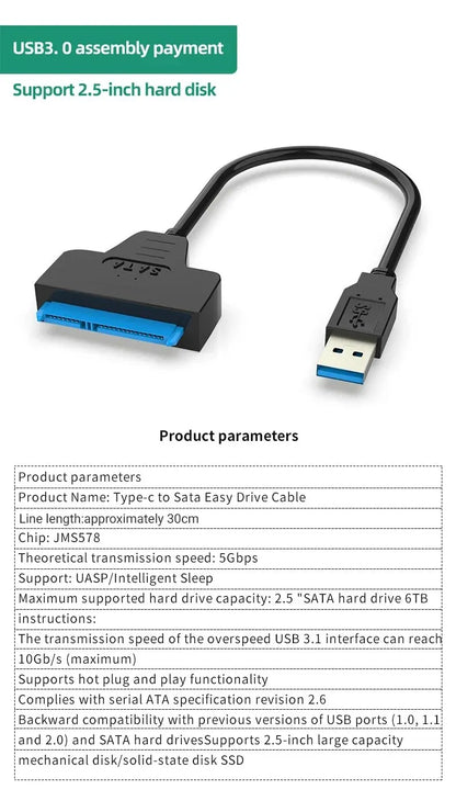 2.5 Inch Hard Disk Adapter Cable USB Easy Drive Cable Hard Drive Easy Drive Line SATA22 Pin String Oral Line