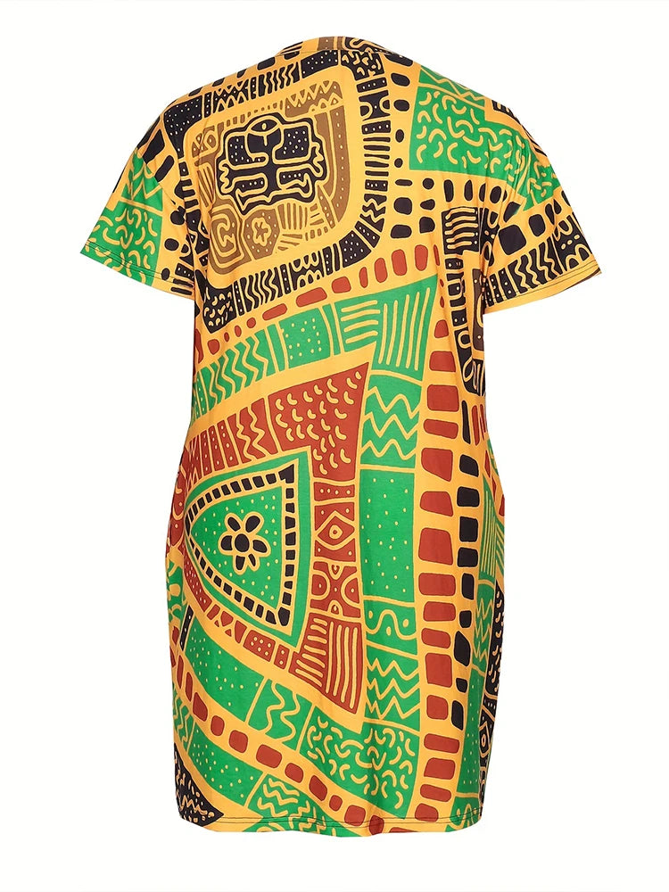 Plus size africano impresso decote em v manga curta vestido casual oversized t camisa vestidos de manga curta melhor para o verão