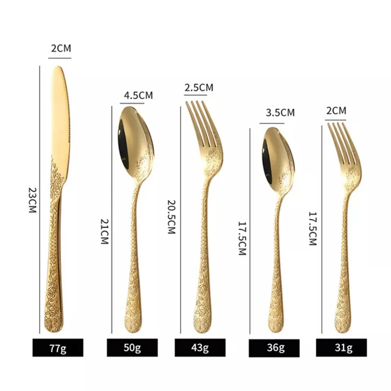 Juego de cubiertos de alta calidad con mango tallado exquisito, vajilla dorada de acero inoxidable, cuchillo, tenedor, cuchara, juego de cubiertos