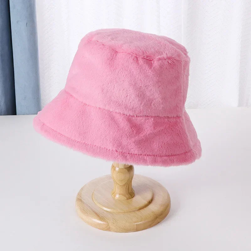Winter Rabbit Plush Fisherman Hats for Women Girl Bucket Hat Windproof Leopard Soft Faux Fur Wide Brim Lady Women Artist Cap