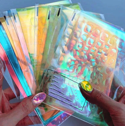 11pcs Aurora Glass Ice Cube Nail Foil Sticker 3D Glass Paper Nail Film Decals Rainbow Reflective Korean Style Nail Stickers