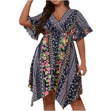 Vestido feminino solto com decote em v estilo étnico, vestido de manga curta, estampado com flores, moda casual, primavera, verão, plus size
