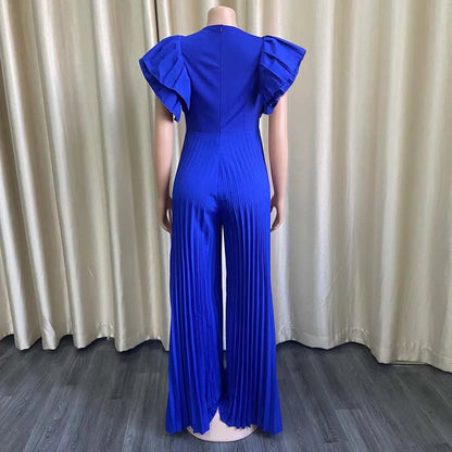Elegant Pleated Jumpsuits & Rompers for Women V Neck Ruffles High Waisted Loose Floor Length Luxury Female Birthday Party Romper
