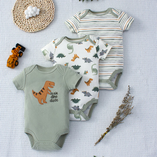 3PCS Summer Baby Bodysuit Three-piece Set with Cartoon Dinosaur and Stripe Pattern Button Design for 0-9 Months Old Boys