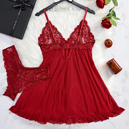 Lencería sexy roja transparente para mujer, ropa interior transparente, camisón de encaje y bragas, conjuntos de pijama, camisón sexy para mujer