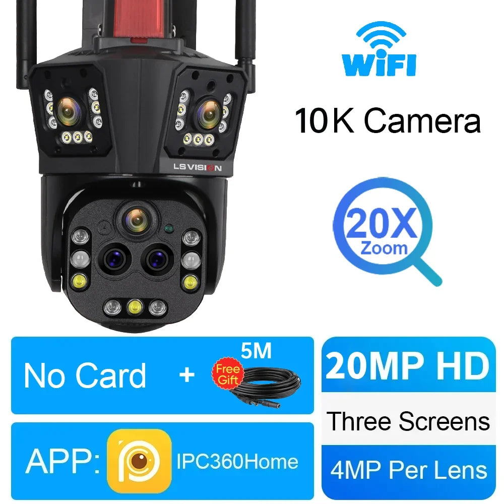 LS VISION 10K Outdoor WiFi Camera 20X Zoom Three Screen CCTV External IP Cam 20MP Security Ai Tracking Video Surveillance Camera