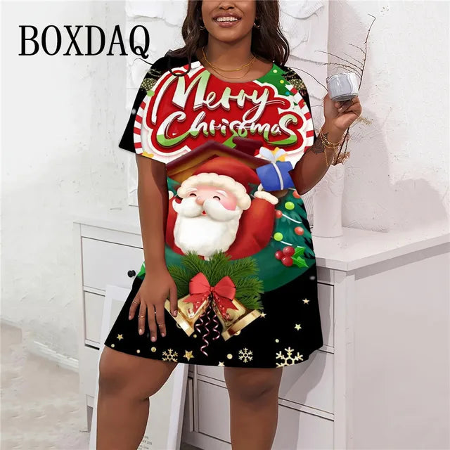 2024 Women Christmas Party Mini Dress Cartoon Santa Claus Print Loose Casual Short Sleeve Winter Fashion Plus Size Vestidos 
