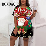 2024 Women Christmas Party Mini Dress Cartoon Santa Claus Print Loose Casual Short Sleeve Winter Fashion Plus Size Vestidos 
