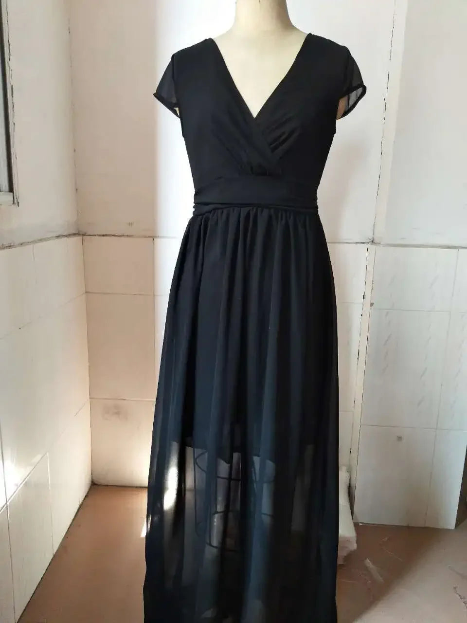 2026 Women's V Neck Short Sleeve Evening Party Dress Temperament Solid Colour Long Cocktail Chiffon High Waist Summer Dresses