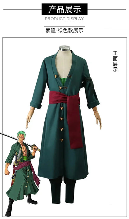 Anime Roronoa Zoro Cosplay Costume Uniform Green Coat Pants Head Scarf Roronoa Zoro Wig Earrings Halloween Carnival Men Clothes