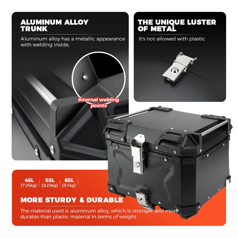 KEMIMOTO 45L/55L/65L Motorcycle Aluminum Case Tail Box Trunk with backrest Universal Top Tail Rear Luggage Tool Storage Box