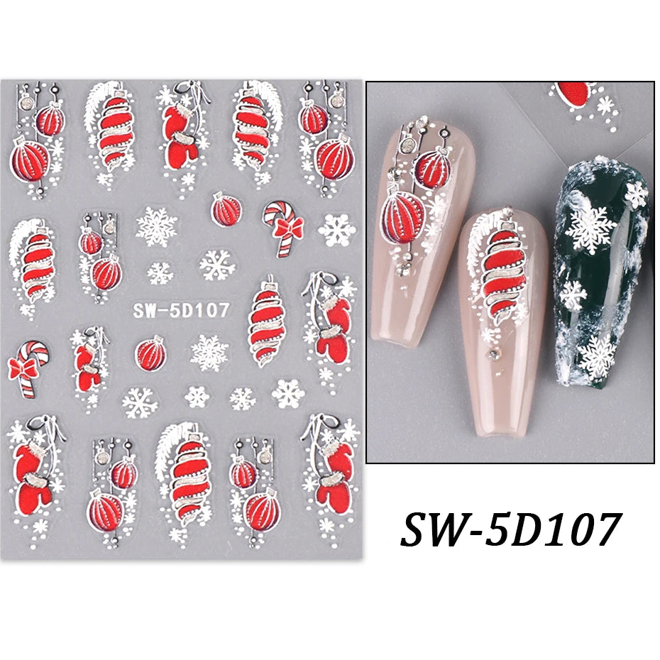 5D Red Christmas Nail Stickers Glitter Embossed Snowflake Gloves Feather Bulb Bells Winter Xmas DIY Engraved Manicure Decoration
