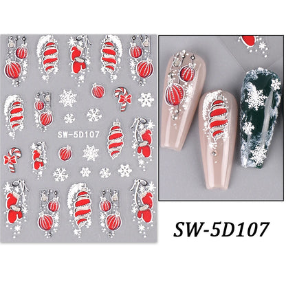 5D Red Christmas Nail Stickers Glitter Embossed Snowflake Gloves Feather Bulb Bells Winter Xmas DIY Engraved Manicure Decoration