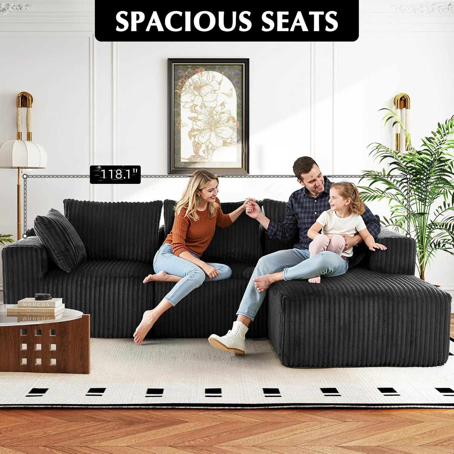 118" Compressed Sofa for Living Room L Shaped Boneless Couch, Modular Sectional Sofa, Sofa Bed Memory Foam Couches with Chaise