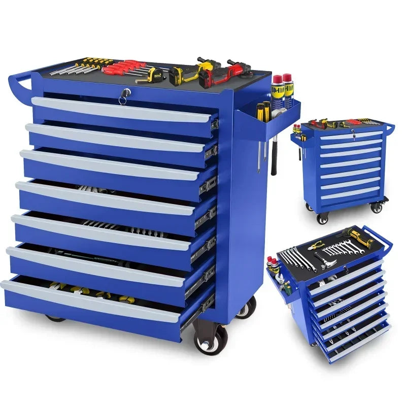 2025 New Blue 7-Layer Metal Toolbox with Key Locking System & Wheels - Durable, Multi-Functional Storage Cart