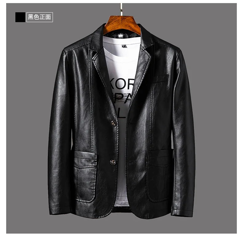 2024 Men's Leather Jackets Lapel Business Leather Jackets Men Pu Blazers Korean Style Slim Fashion Leather Coat Plus Size M-6XL