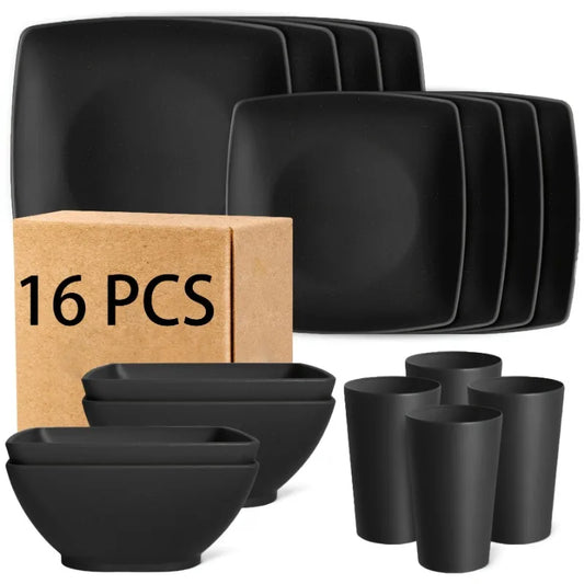 16-Piece Square Dinnerware Set - Heavy Duty Ceramic Plates, Bowls, Cups | Dishwasher & Microwave Safe for Everyday Use