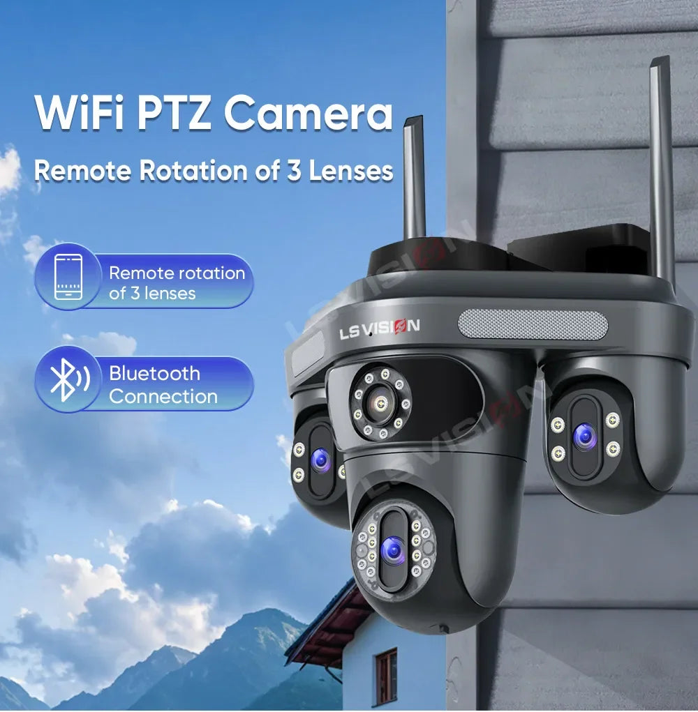 LS VISION 15MP Three Screen WiFi Camera Outdoor Three 360°Rotation PTZ IP Camera Human Auto Tracking Video Surveillance Cam CCTV
