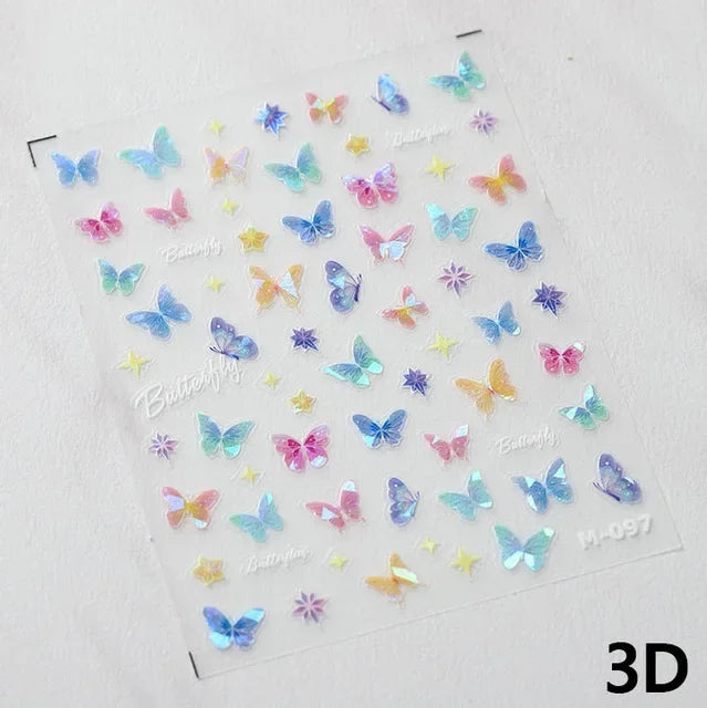 Colorful Pink Gradual Moon Star Cloud Butterfly Rhinestone 5D Soft Embossed Relief Nail Art Sticker 3D Decal Decoration Manicure
