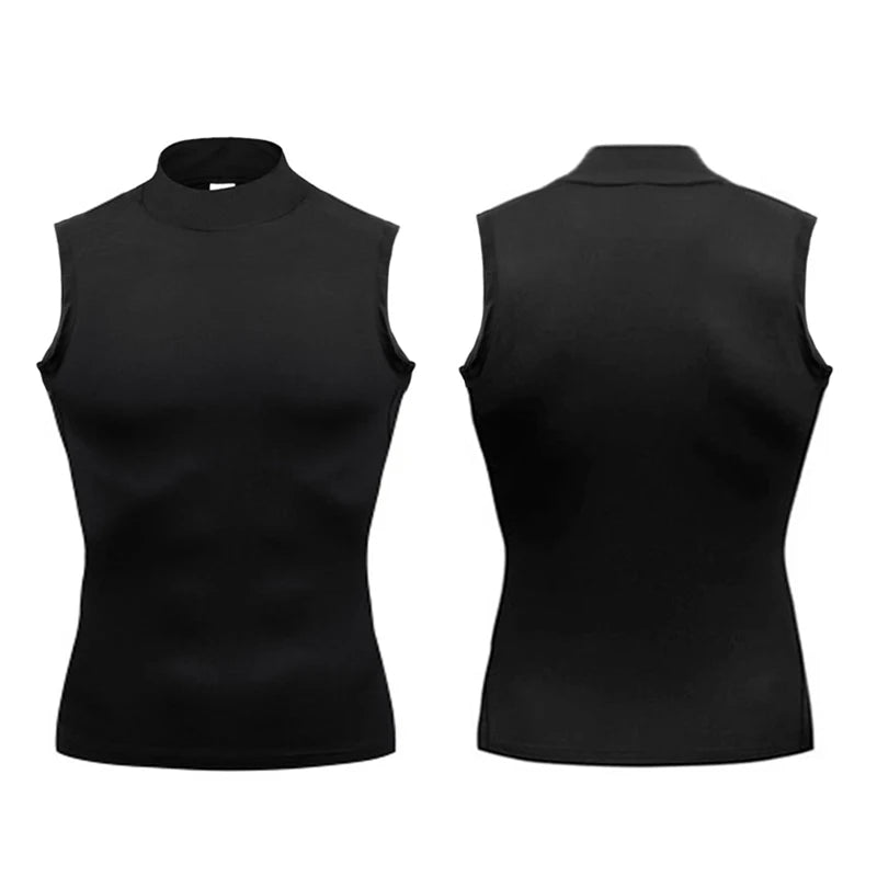 Exercício de treinamento sem mangas camisetas homens gola alta elástica camisa de compressão de secagem rápida ginásio regatas fitness correndo coletes