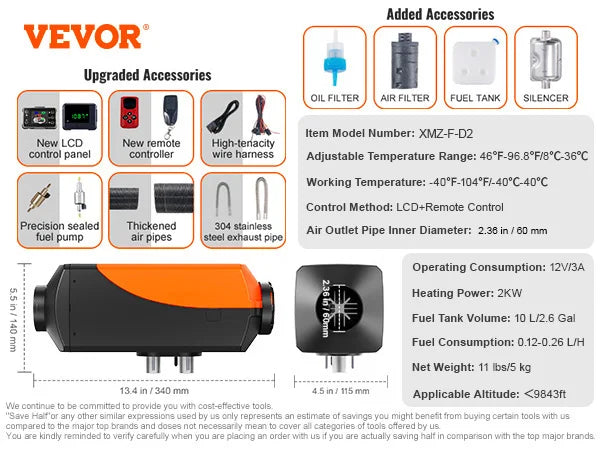 VEVOR 2KW Diesel Air Heater 12V Diesel Heater with LCD Display Diesel Parking Heater Rapid Heating for RV Trailer Camper Boat